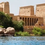 An aerial view of the Philae Temple complex, dedicated to the goddess Isis, situated on Agilkia Island in the middle of the Nile River in Aswan, Egypt.