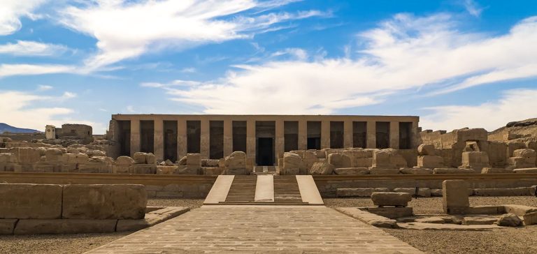 The Abydos Temple in Egypt is an ancient site dedicated to the god Osiris, renowned for its intricate carvings and historical significance.