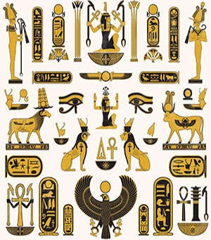 Ancient Egyptian hieroglyphic symbols were a complex writing system used to represent sounds, words, and meanings in historic texts.