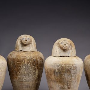 Canopic jars are ancient Egyptian funerary vessels used to store and preserve the internal organs of the deceased for the afterlife.