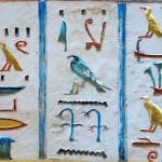 An intricate close-up of the well-preserved Colorful Hieroglyphs Paintings in Ramses IV Tomb Valley of The Kings, showing vivid bird, plant, and symbol designs.