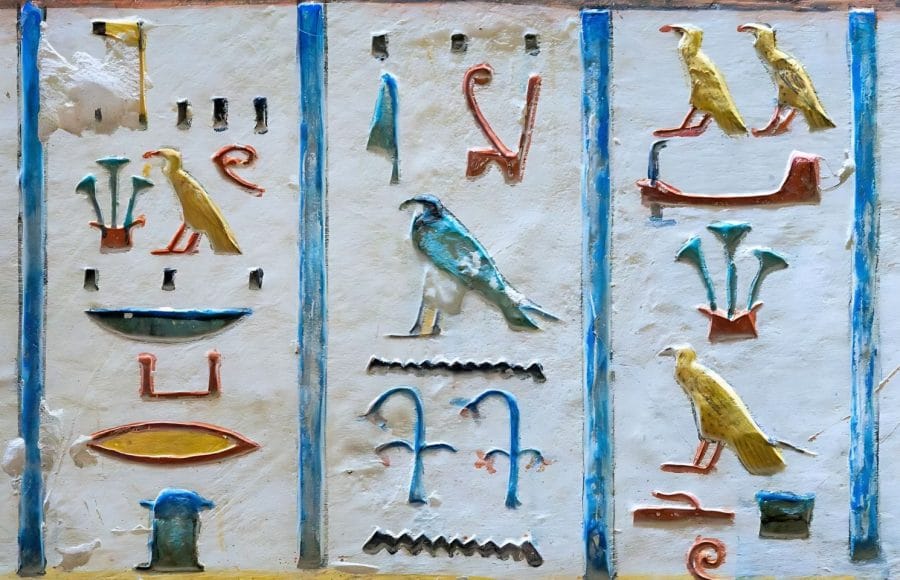 An intricate close-up of the well-preserved Colorful Hieroglyphs Paintings in Ramses IV Tomb Valley of The Kings, showing vivid bird, plant, and symbol designs.