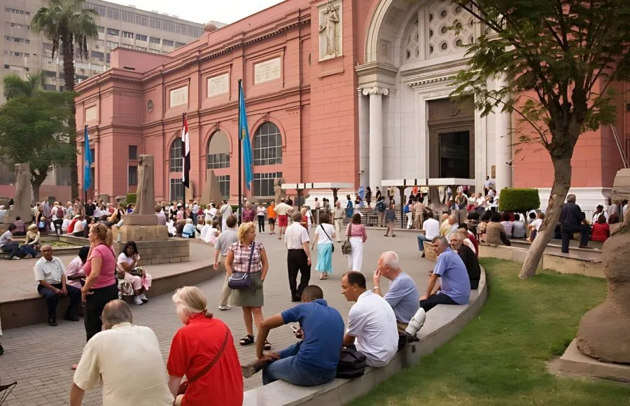 Tourists gathering outside the Egyptian Museum in Cairo.