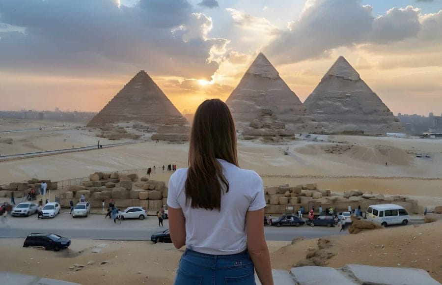 A Female Traveler views the Pyramids of Giza at sunset during a 5 Days Cairo Alexandria Tour, showcasing the pyramids and surrounding desert landscape.