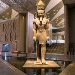 The colossal statue of Ramses II inside the magnificent Grand Egyptian Museum near Giza