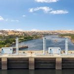 A panoramic view of the Nile River as seen from the top of the Aswan High Dam.