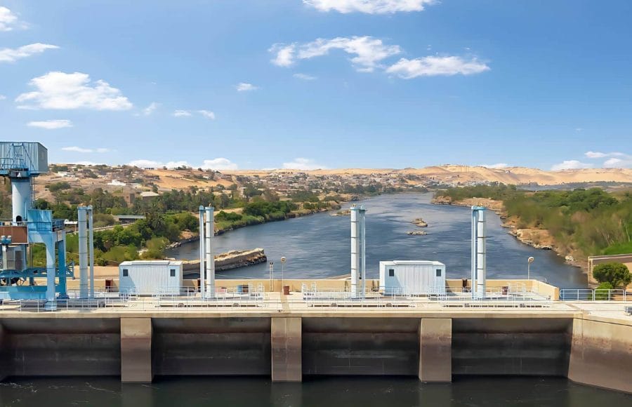 A panoramic view of the Nile River as seen from the top of the Aswan High Dam.