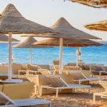 Beach umbrellas and lounge chairs on a golden sandy beach leading to the clear turquoise waters of the Red Sea under a sunny sky.