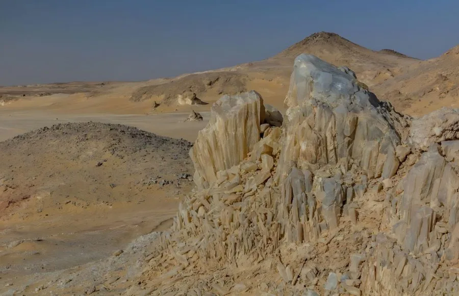 Large, sharp quartz crystal formations at the Crystal Mountain in the Western Desert, Bahariya Oasis.