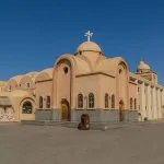Exterior of the historic Saint Bishoi Monastery in Wadi El Natrun, Nitrian Desert, Egypt.