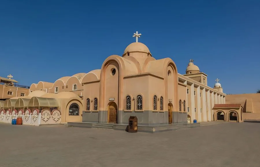 Exterior of the historic Saint Bishoi Monastery in Wadi El Natrun, Nitrian Desert, Egypt.