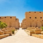 The grand entrance to the Temple of Luxor, showing the processional pathway lined with rows of sphinx statues and the massive stone pylon towers in the background.