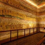 The well-preserved, brightly painted walls and ceiling of the Valley of The Kings KV2 The Burial Chamber of Rameses IV, showing scenes from Egyptian funerary texts.