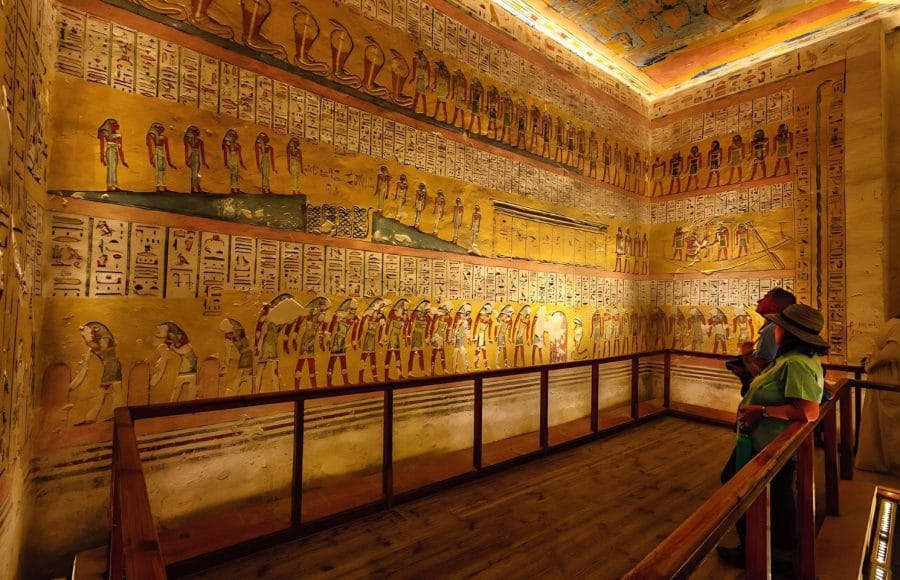 The well-preserved, brightly painted walls and ceiling of the Valley of The Kings KV2 The Burial Chamber of Rameses IV, showing scenes from Egyptian funerary texts.