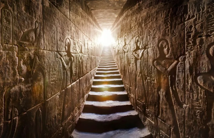 Sunlit temple passage with steps flanked by ancient Egyptian hieroglyphs Edfu Temple interior