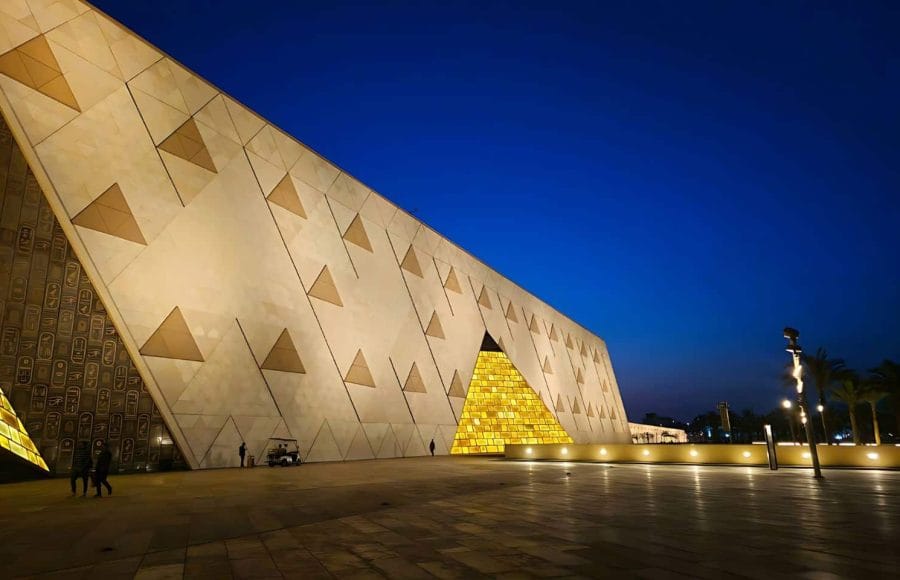 The modern Grand Egyptian Museum near the Giza Pyramids.