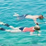 A couple Snorkeling near the shore in clear, turquoise Red Sea waters, highlighting the vibrant marine life of the beach.