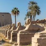 A row of ancient sphinx statues, lining an avenue leading to the entrance pylon of the Karnak Temple.