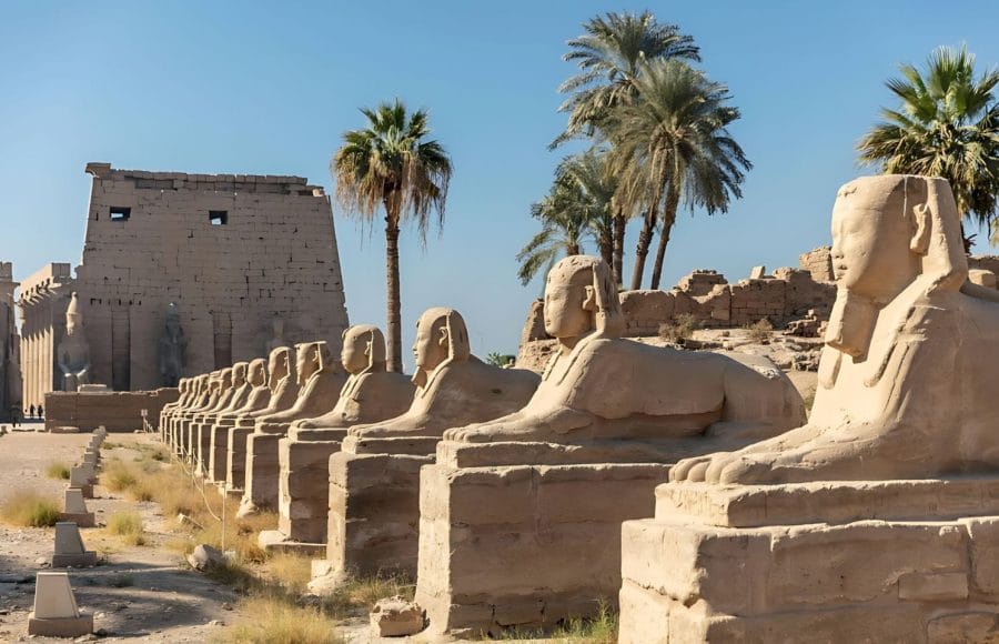 A row of ancient sphinx statues, lining an avenue leading to the entrance pylon of the Karnak Temple.