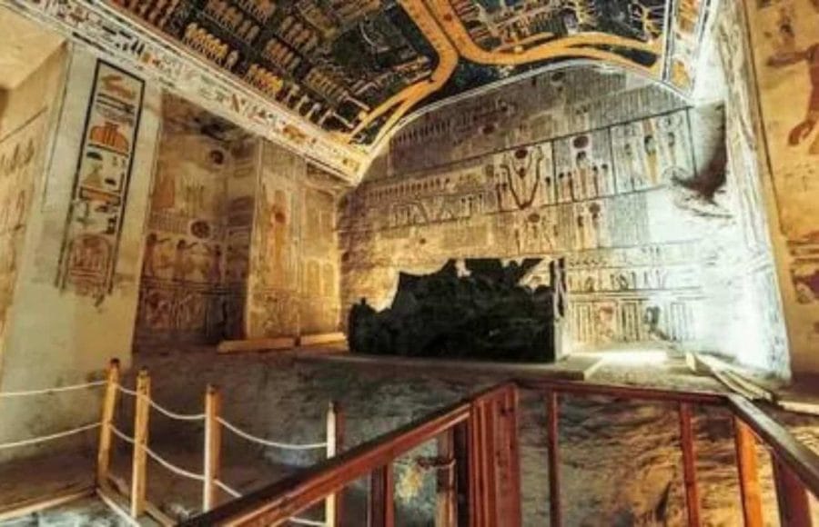 Intricately painted hieroglyphs and colourful reliefs cover the walls and arched ceiling, showcasing the art and history found Valley Of Kings inside a royal tomb.