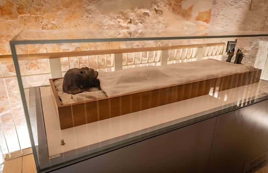 A mummy displayed in a Glass coffin inside a brightly lit room at the Valley Of The Kings exhibit in Luxor.