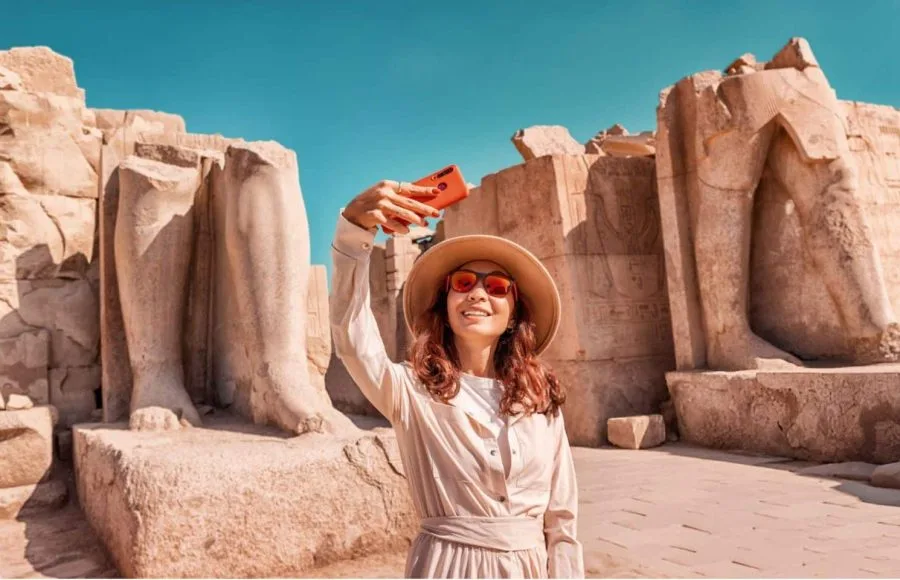 A smiling Girl Takes A selfie Against The Ruins of the Grandiose Karnak Temple, holding up her phone with colossal broken statues and columns in the sunlit background.
