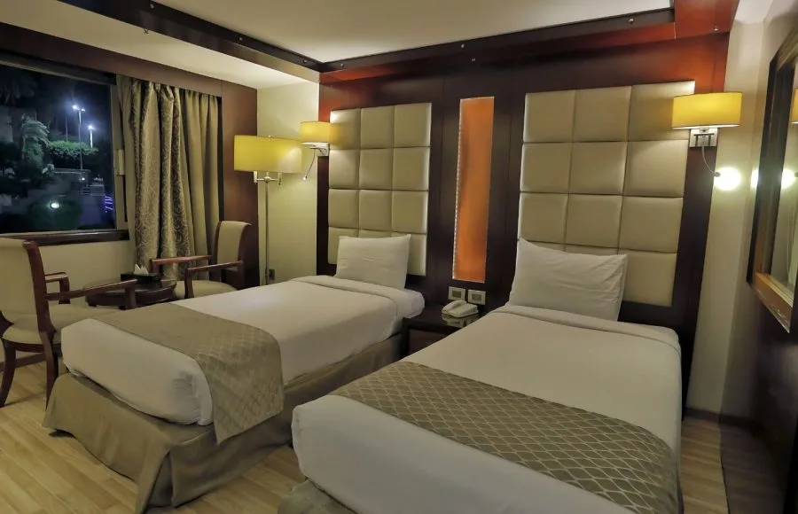 A clean and comfortable twin cabin on the Blue Shadow i Nile Cruise, featuring two single beds, modern decor, and a large window offering panoramic views of the Nile.