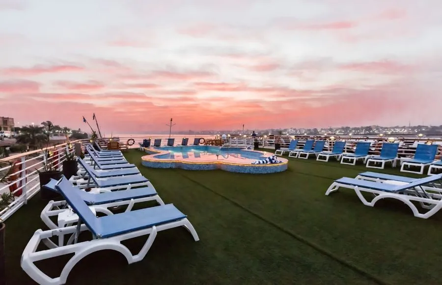 The expansive sun deck of the Blue Shadow 2 Nile Cruise.