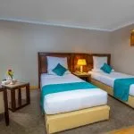 A comfortable and well-lit twin cabin on the Solaris II Nile Cruise, featuring two single beds, a chair, and a window with a beautiful view of the Nile River