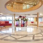 Interior view of the reception and lounge area on the luxurious MS Acamar Nile Cruise ship.