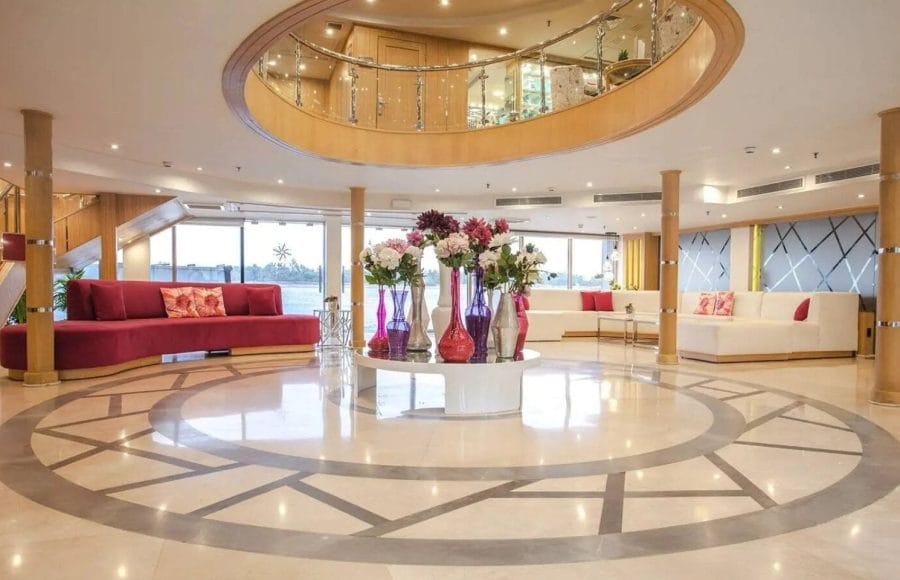 Interior view of the reception and lounge area on the luxurious MS Acamar Nile Cruise ship.
