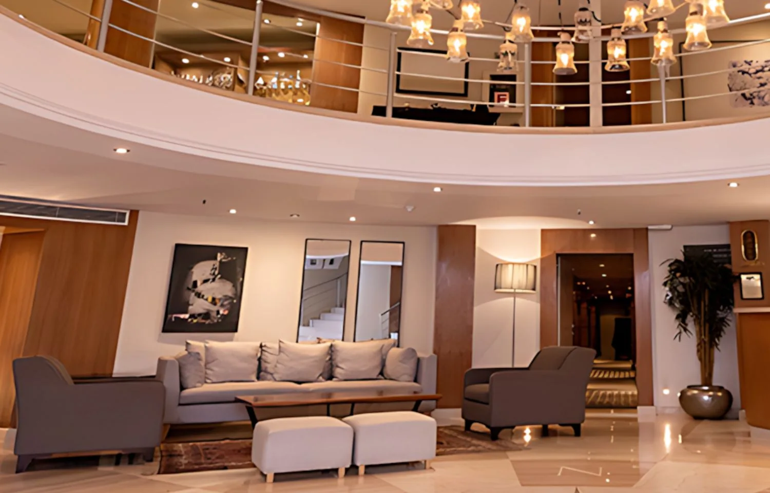 The welcoming reception area of the MS Al Jamila Nile Cruise ship, featuring comfortable seating and a warm atmosphere