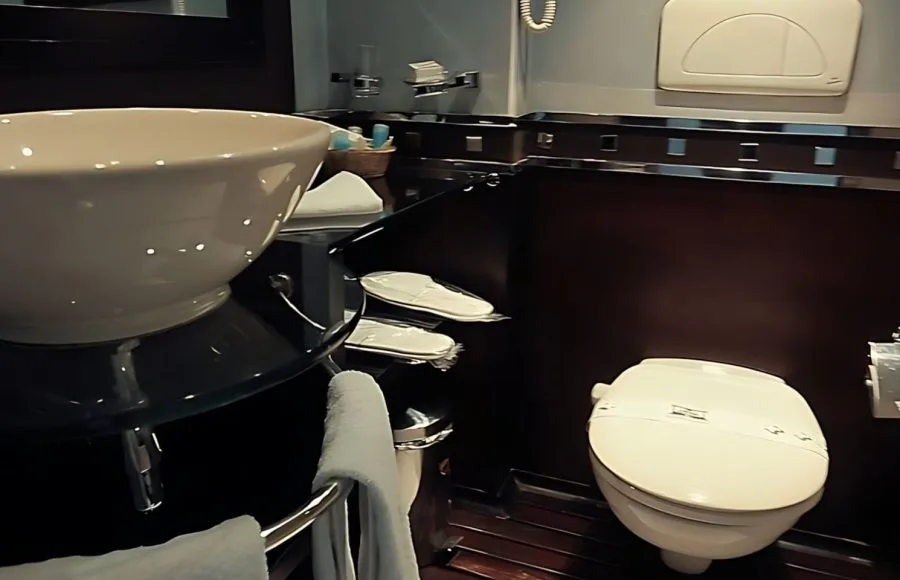 A modern bathroom on the MS Concerto I Nile Cruise.