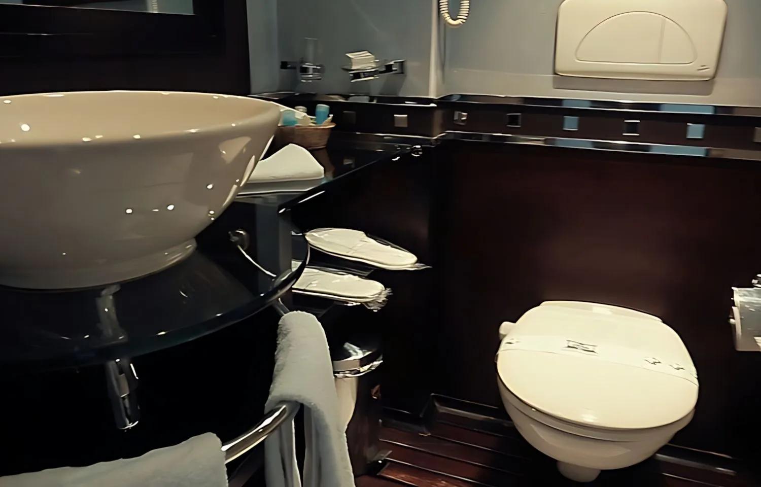 A modern bathroom on the MS Concerto I Nile Cruise.