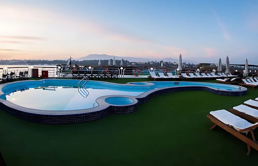 The swimming pool area on the sun deck on the MS Concerto I Nile Cruise