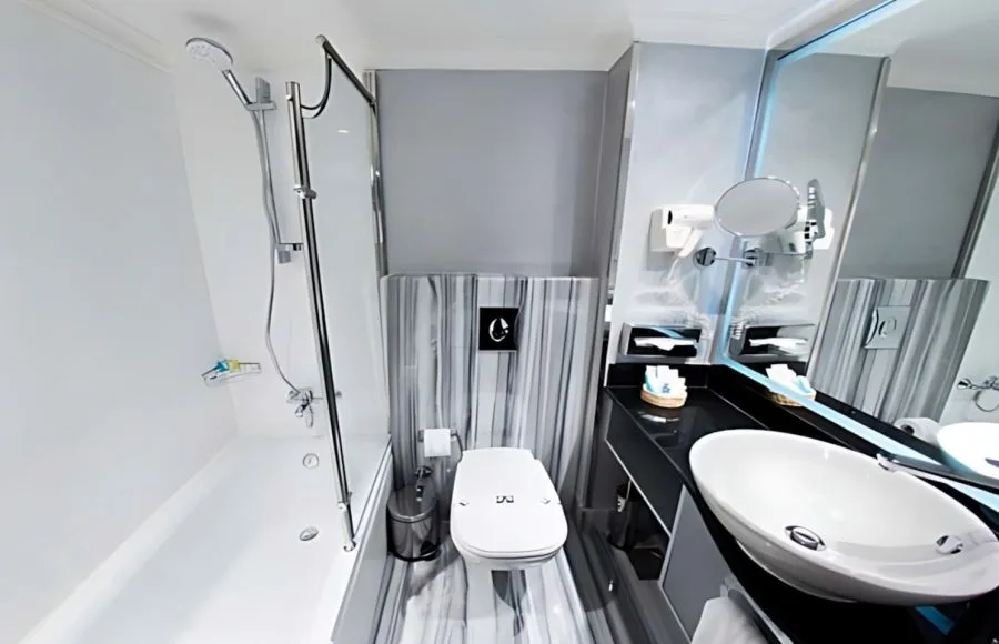 A modern, clean bathroom on the MS Concerto II Nile Cruise.