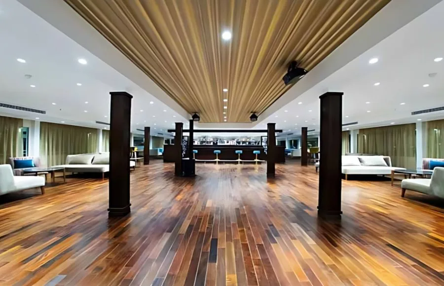 The spacious lounge bar on the MS Concerto II, featuring comfortable couches.