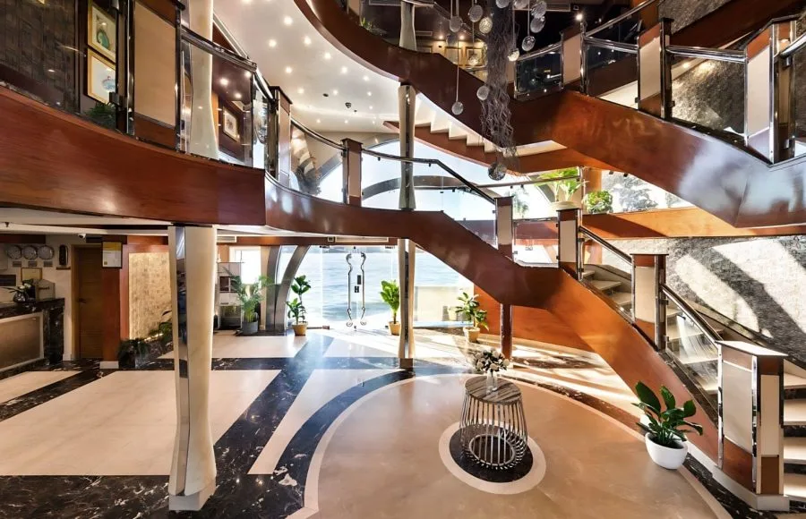 Luxury reception desk on the M/S Esmeralda cruise ship.