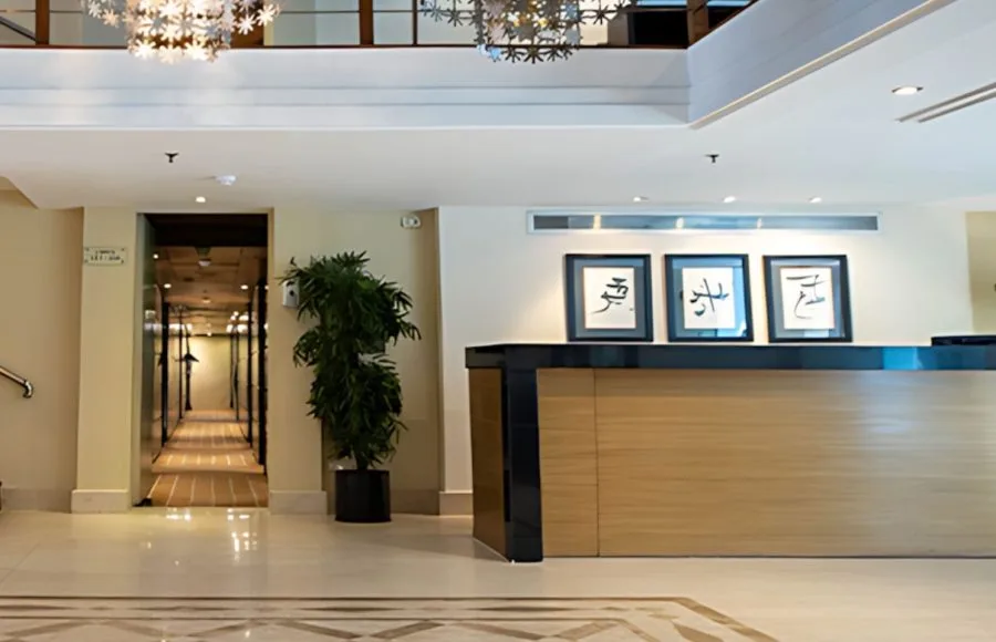 The welcoming reception area of the luxury MS Farida Nile Cruise features a bright, elegant design to greet guests as they embark on their journey.