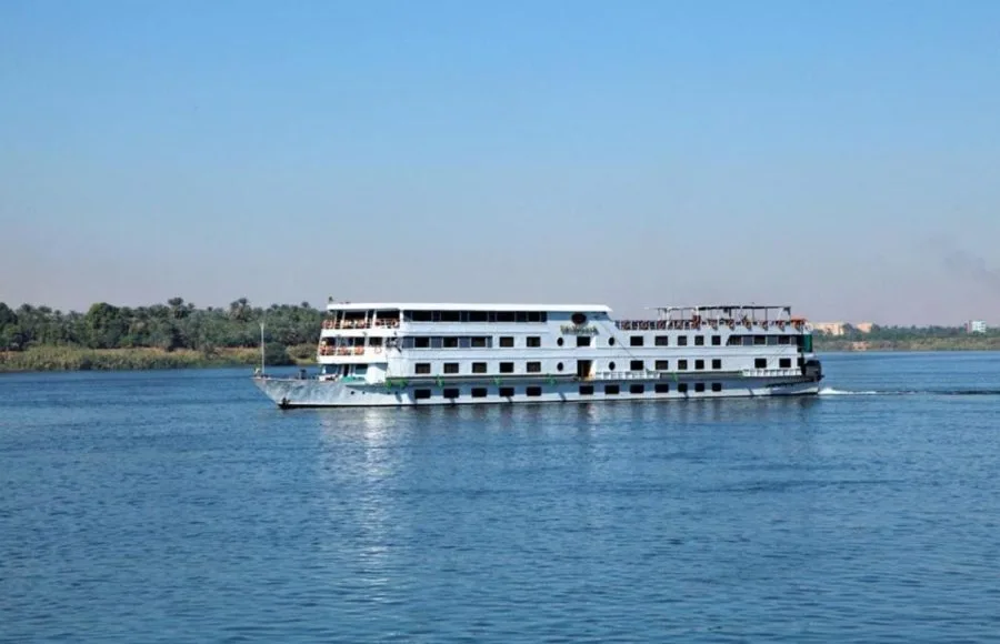 The Jaz Nile Monarch cruise ship sailing on the Nile River.