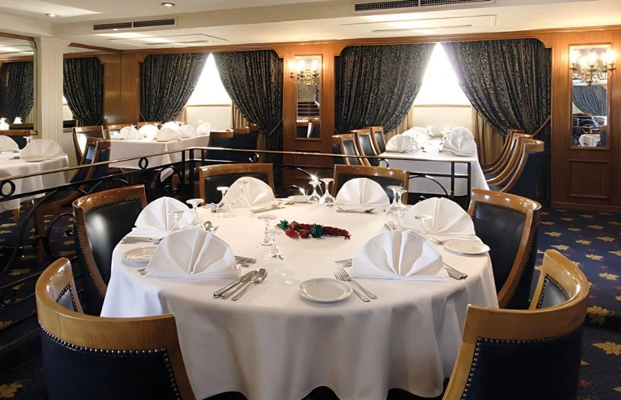 The elegant restaurant on the MS Jaz Crown Prince Nile Cruise.