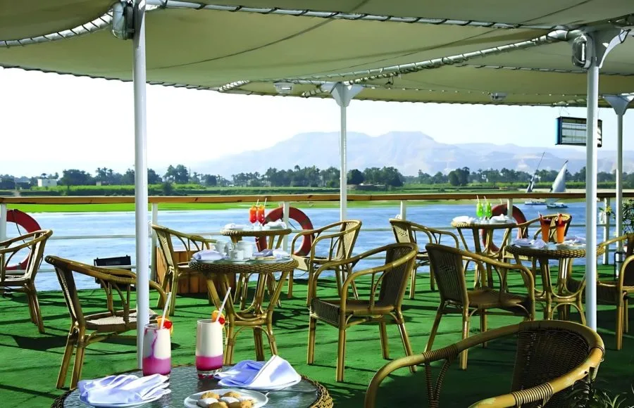 Sun deck with seating on the Jaz Crown Prince Nile Cruise.