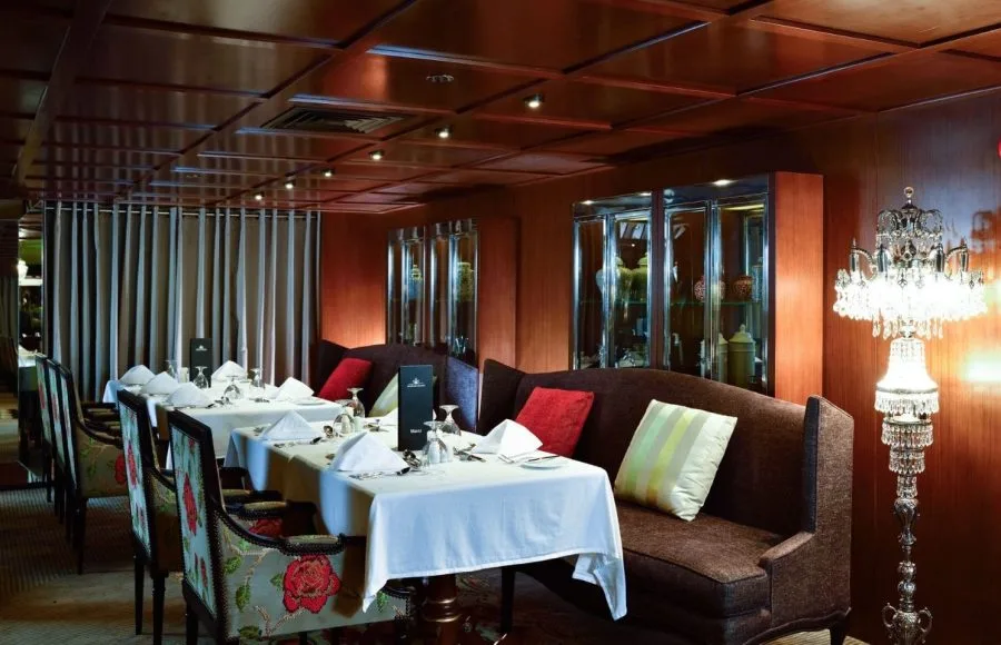 The elegant dining room on the MS Mayflower Nile Cruise.