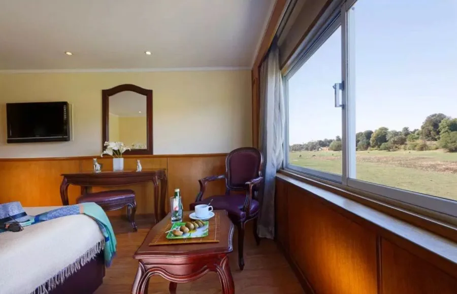 Standard cabin with a large panoramic window view on the MS Medea Nile Cruise