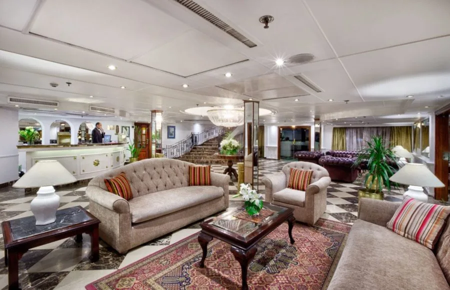 The opulent and welcoming lobby and reception area of the MS Miriam nile cruise ship with comfortable seating