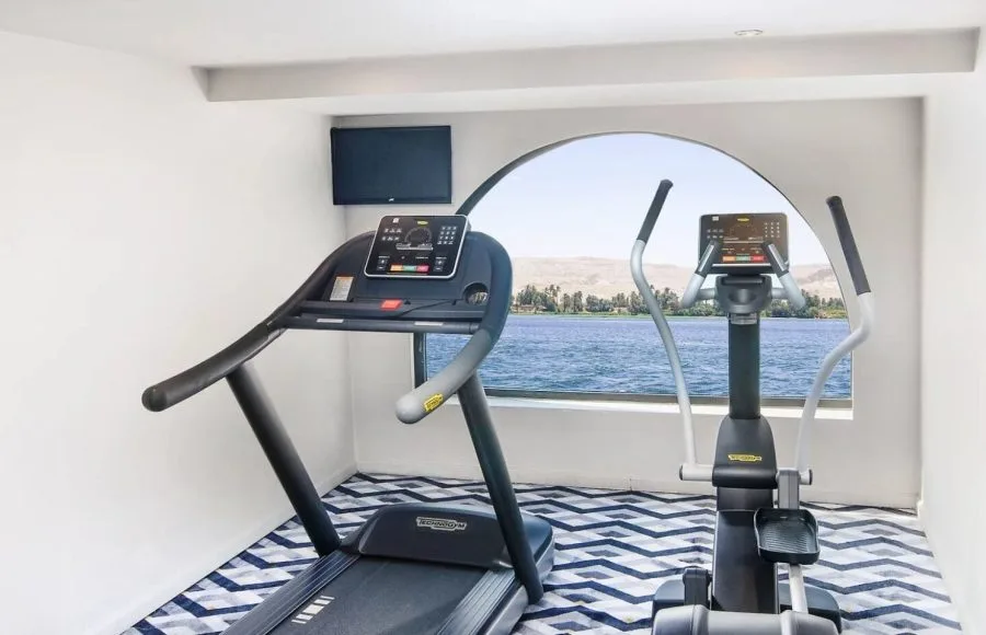 The fitness center on the Movenpick MS Sunray featuring cardio equipment with a scenic view of the Nile River.