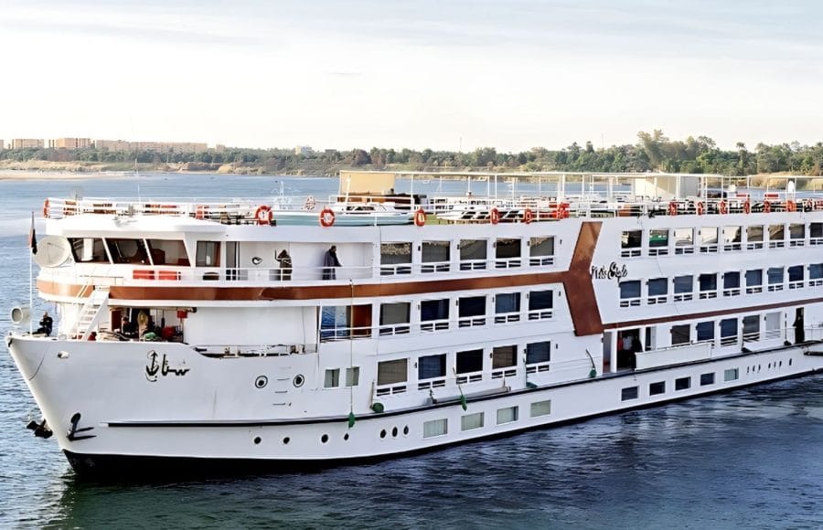 The beautiful exterior of the MS Nile Style Cruise Ship sailing majestically on the Nile River.