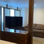 Cruise suite with a sofa sitting area separated from the bed by a dark wood TV stand/divider.