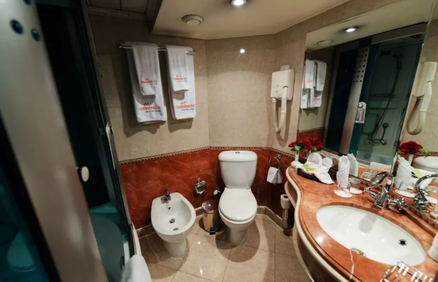 Bathroom with bathtub and bidet in a cabin on the MS Royal La Terrasse Nile Cruise ship.