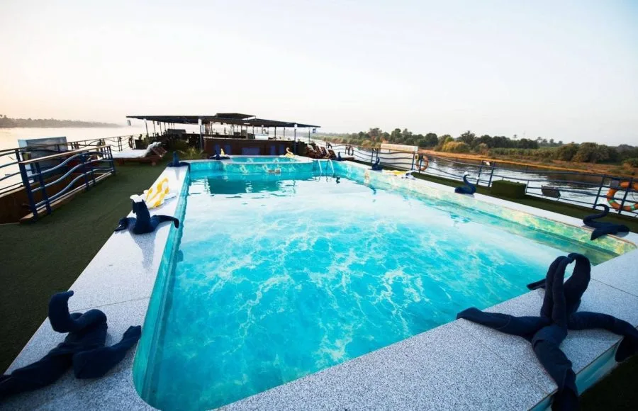 Sundeck with a swimming pool on the MS Royal La Terrasse Nile Cruise ship.
